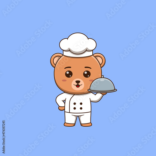 Cute bear chef holding restaurant cloche