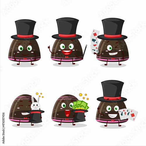 A chocolate jelly gummy candy Magician cartoon character perform on a stage