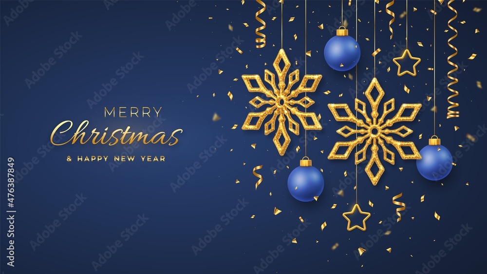 Fototapeta premium Christmas blue background with hanging shining golden snowflakes, 3D metallic stars and balls. Merry christmas greeting card. Holiday Xmas and New Year poster, web banner. Vector Illustration.