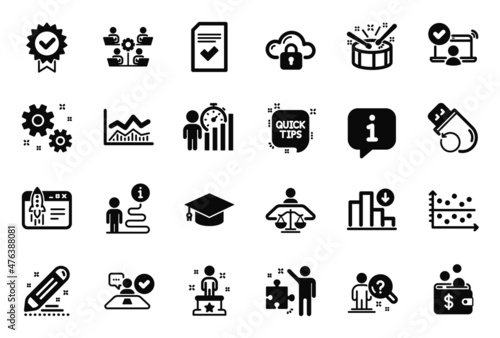 Vector Set of Education icons related to Strategy, Cloud protection and Certificate icons. Dot plot, Drums and Trade infochart signs. Search employee, Brand contract and Job interview. Vector