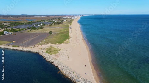 Salisbury Beach aerial view in Salisbury Beach State Reservation next to Merrimack River mouth to Atlantic Ocean in town of Salisbury, Massachusetts MA, USA.  photo