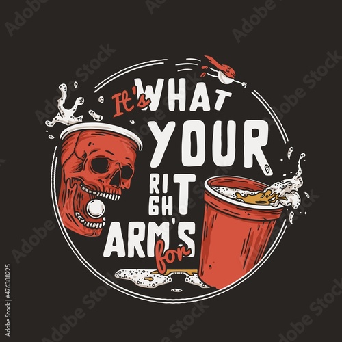Beer pong game. T-shirt print with beer cup skull and flying ball man with foam splash. Design of alcohol sport with throw and drink. College challenge with booze
