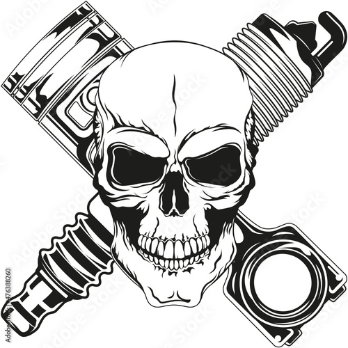 Mechanic logo SVG design with a skull, piston, and spark, Mechanic shirt, Tattoo template, Auto service sign