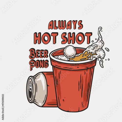 Beer pong game. T-shirt print with beer cups, metal can and flying ball for design competition or tournament in bar. Alcohol sport with throw and drink. College challenge with booze