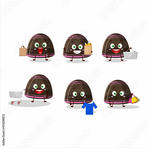 A Rich chocolate jelly gummy candy mascot design style going shopping