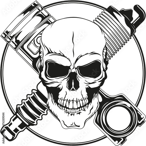Circled mechanic logo SVG design with a skull, piston, and spark, Auto service sign, Mechanic shirt, Tattoo template