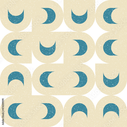 Modern vector abstract seamless geometric pattern with semicircles and circles in retro scandinavian style. Pastel colored simple shapes with separate worn out texture.