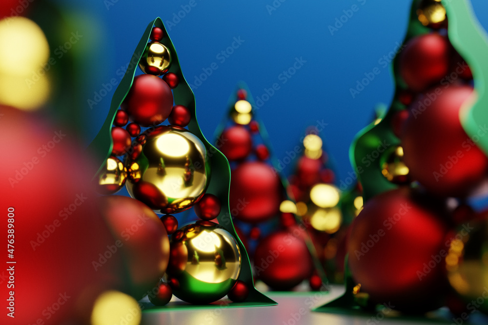 Illustration of a 3d forest of Christmas trees made from red Christmas balls on a blue background. 