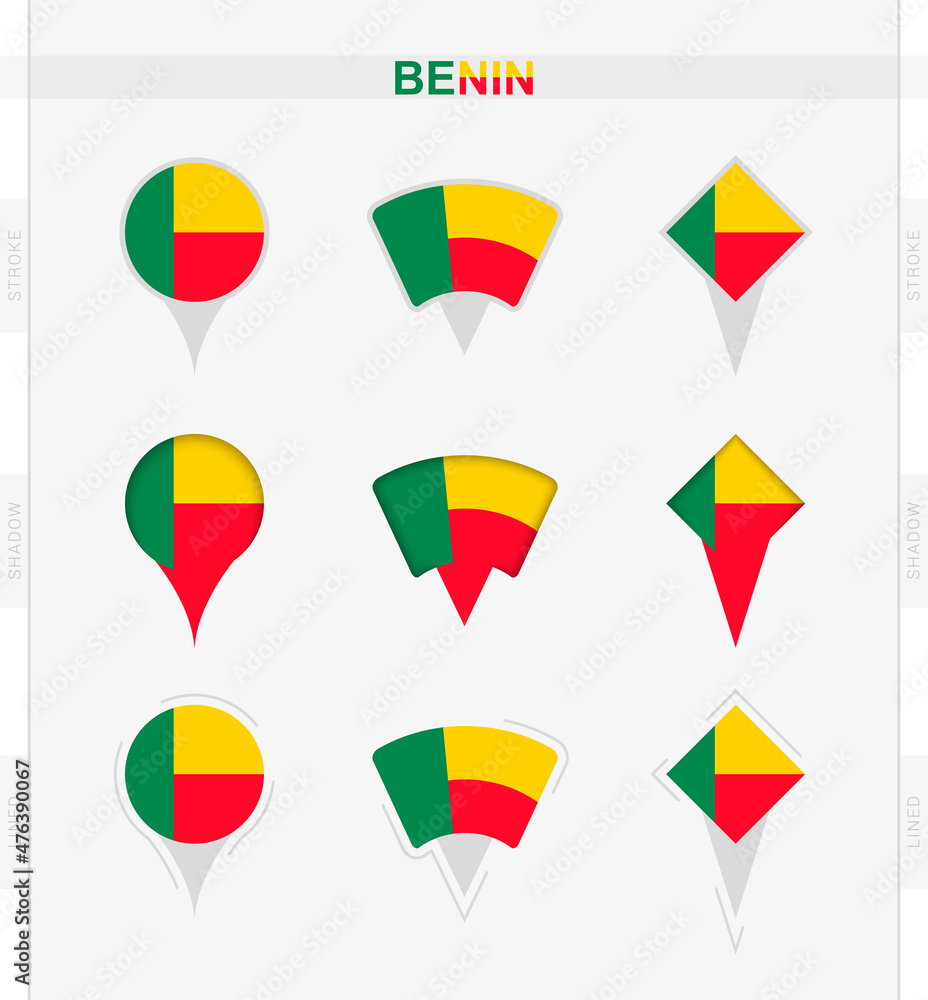 Benin flag, set of location pin icons of Benin flag. Benin flag, set of location pin icons of Benin flag.
