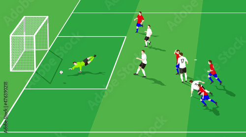 Soccer Illustration. Did the shot be decided by the offense and defense to the goal in the soccer game, or did the goalkeeper prevent the shot?. Vector