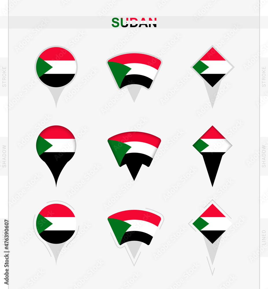 Sudan flag, set of location pin icons of Sudan flag. Sudan flag, set of location pin icons of Sudan flag.