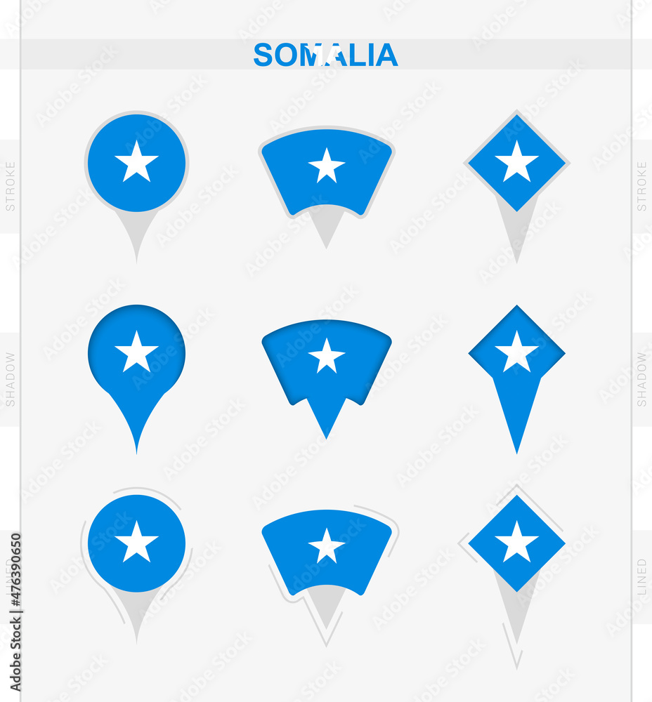 Somalia flag, set of location pin icons of Somalia flag.