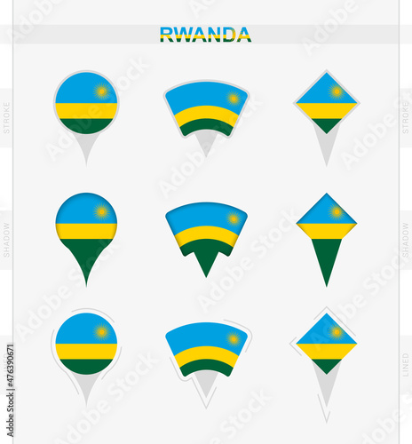 Rwanda flag, set of location pin icons of Rwanda flag.