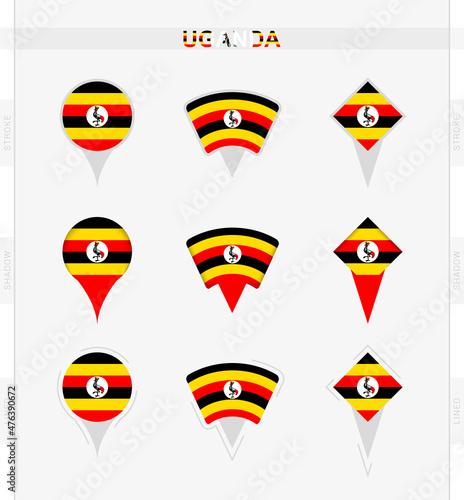 Uganda flag, set of location pin icons of Uganda flag. © boldg