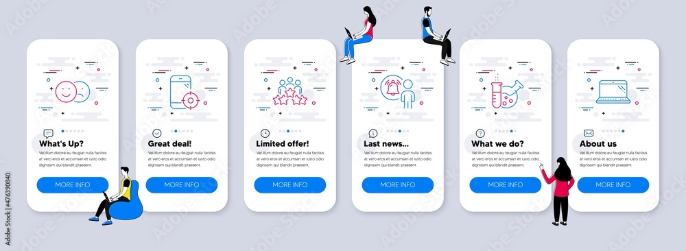 Business icons set. UI phone app screens with teamwork. Included icon as Like, Business meeting, Chemistry lab signs. User notification, Seo phone, Laptop line icons. Vector