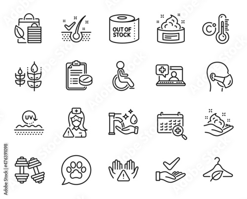 Vector set of Uv protection  Bio shopping and Medical help line icons set. Gluten free  Clean hands and Disabled icons. Slow fashion  Anti-dandruff flakes and Medical mask signs. Vector