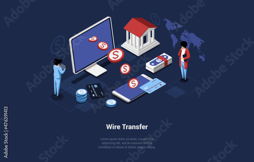 Wire Transfer Vector Illustration In Cartoon 3D Style On Dark Background. Conceptual Isometric Design With Characters And Writing. Money Exchange Transactions, Modern Technology. Coins Going To Phone