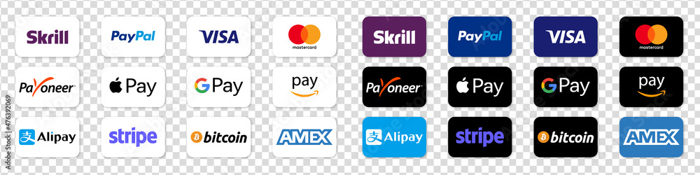 Big set of buttons for online payments, company logos: Visa, Mastercard,  Paypal, American Express, Amazon Pay, Apple Pay, Google. Set of buttons for  payment systems on a transparent background Stock Vector