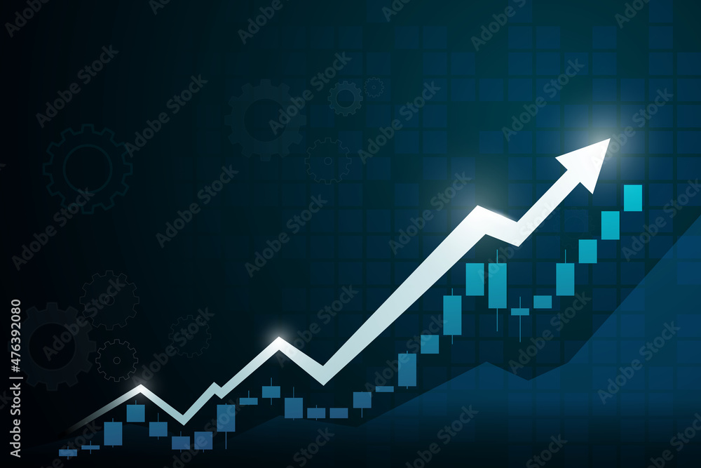 arrows and candlestick chart business of stock market trading on blue background bullish point up trend chart Economic vector design. blue background arrows and candlestick chart business of stock market trading on blue background bullish point up trend chart Economic vector design. blue background