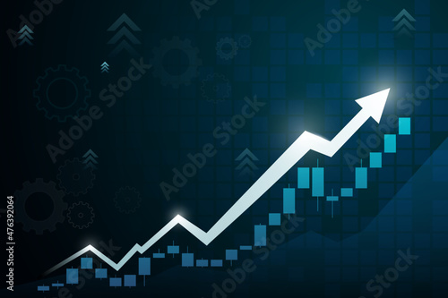 arrows and candlestick chart business of stock market trading on blue background bullish point up trend chart Economic vector design. blue background