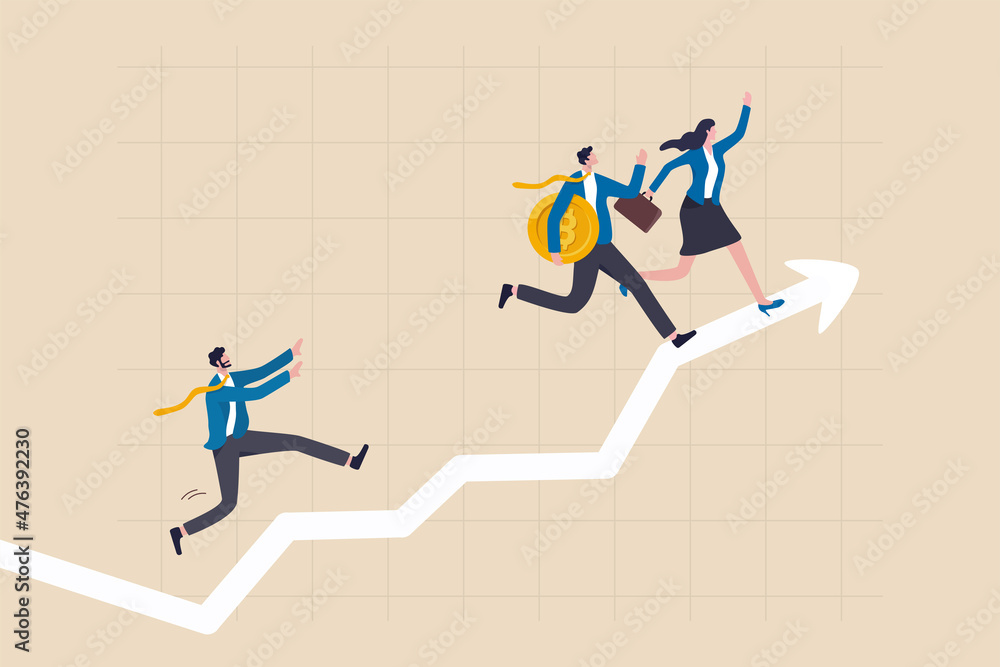 Fear of missing out in crypto, feeling or anxiety to follow trend or people who share high profit experience concept, greed businessman run to follow people who get rich with crypto trading.