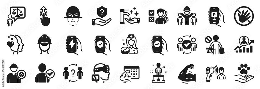 Set of People icons, such as Fitness calendar, Financial app, Career ladder icons. Protection shield, Lawyer, Engineer signs. Washing hands, Identity confirmed, Nurse. Heart, Success. Vector