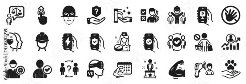 Set of People icons  such as Fitness calendar  Financial app  Career ladder icons. Protection shield  Lawyer  Engineer signs. Washing hands  Identity confirmed  Nurse. Heart  Success. Vector