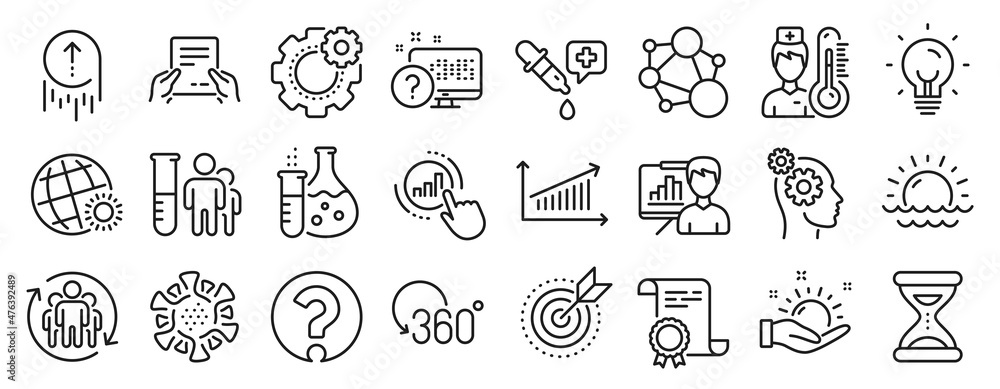 Set of Science icons, such as Question mark, Chemistry pipette, World weather icons. Swipe up, Presentation board, Online quiz signs. Sunset, Time, Energy. Graph chart, Coronavirus, Chart. Vector