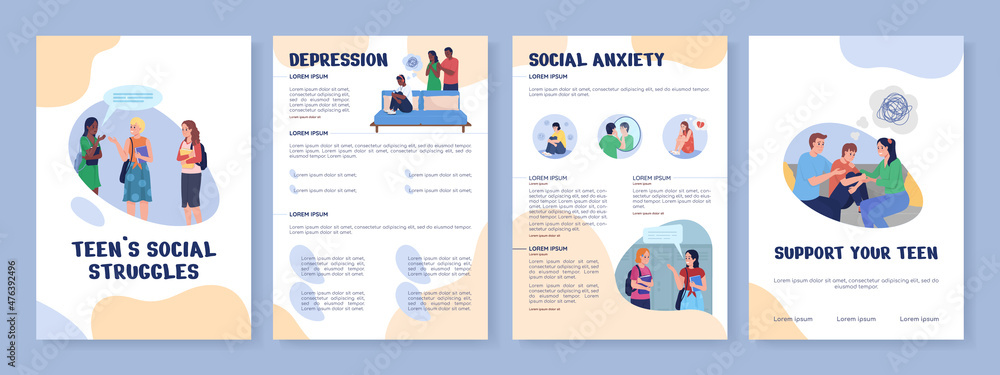 Teens social struggles flat vector brochure template. Flyer, booklet, printable leaflet design with flat illustrations. Magazine page, cartoon reports, infographic posters with text space