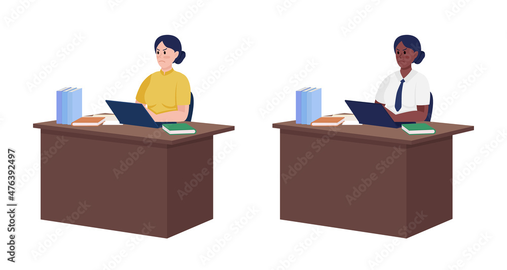 Angry secretaries sitting at desks semi flat color vector characters set. Full body people on white. Bad mood isolated modern cartoon style illustrations collection for graphic design and animation Angry secretaries sitting at desks semi flat color vector characters set. Full body people on white. Bad mood isolated modern cartoon style illustrations collection for graphic design and animation