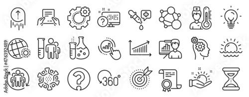 Set of Science icons  such as Question mark  Chemistry pipette  World weather icons. Swipe up  Presentation board  Online quiz signs. Sunset  Time  Energy. Graph chart  Coronavirus  Chart. Vector