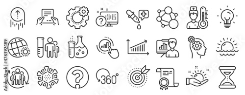 Set of Science icons, such as Question mark, Chemistry pipette, World weather icons. Swipe up, Presentation board, Online quiz signs. Sunset, Time, Energy. Graph chart, Coronavirus, Chart. Vector