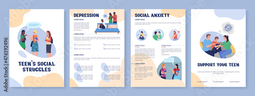 Teens social struggles flat vector brochure template. Flyer, booklet, printable leaflet design with flat illustrations. Magazine page, cartoon reports, infographic posters with text space
