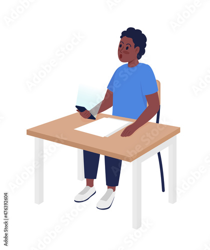 Shocked male preschooler with phone semi flat color vector character. Full body person on white. Primary school kid isolated modern cartoon style illustration for graphic design and animation