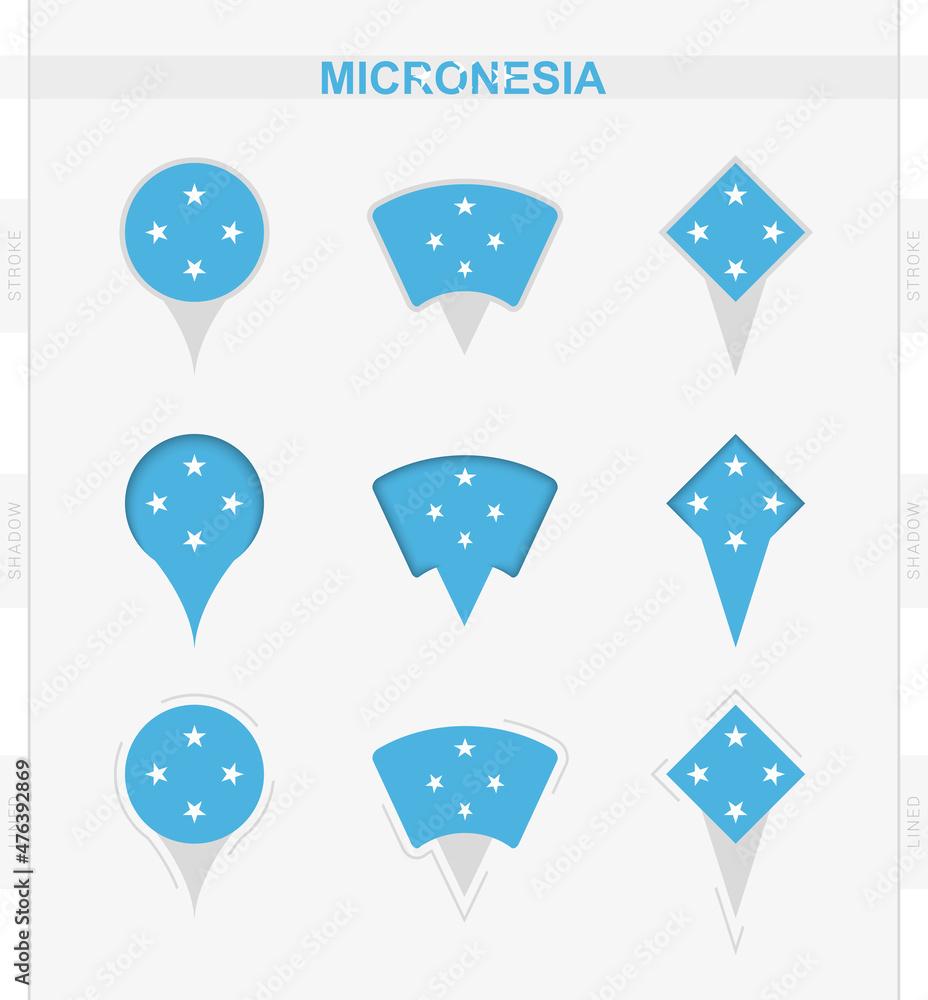 Micronesia flag, set of location pin icons of Micronesia flag.