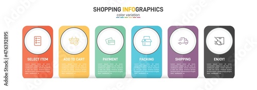 Concept of shopping process with 6 successive steps. Six colorful graphic elements. Timeline design for brochure, presentation, web site. Infographic design layout.