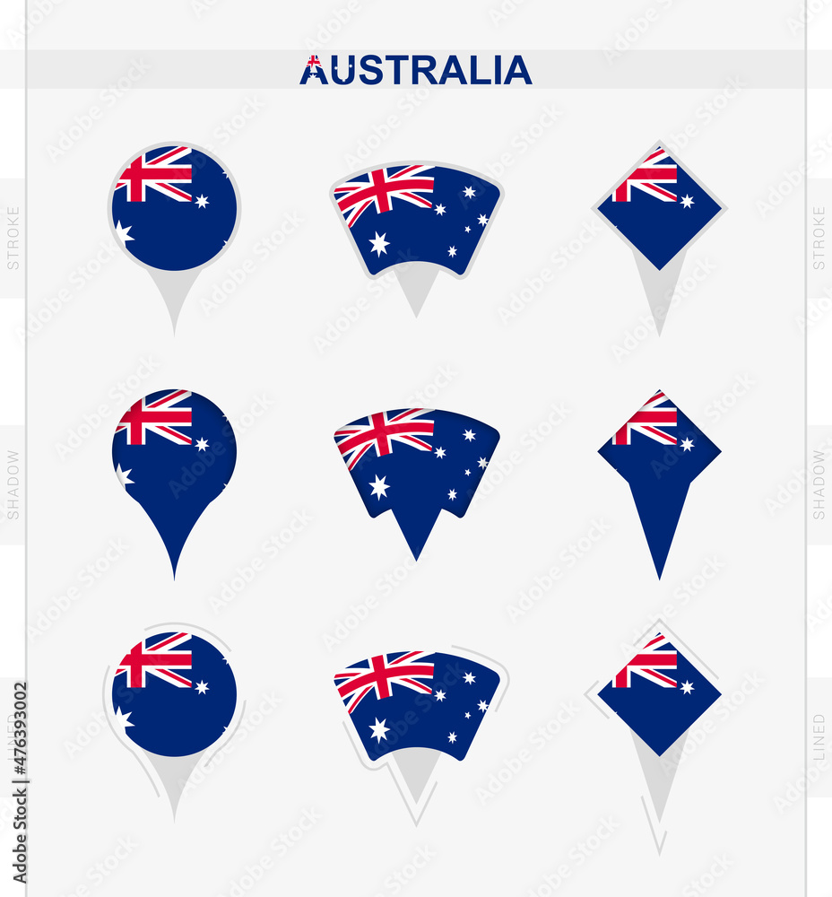 Australia flag, set of location pin icons of Australia flag. Australia flag, set of location pin icons of Australia flag.