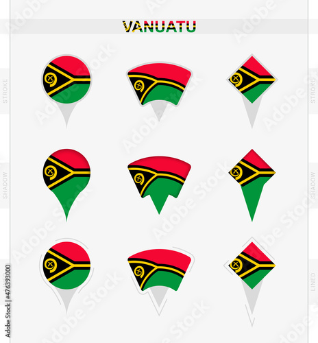 Vanuatu flag, set of location pin icons of Vanuatu flag. © boldg