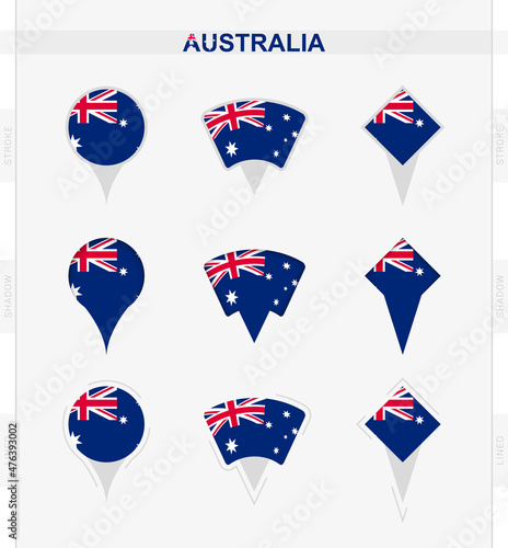 Australia flag, set of location pin icons of Australia flag.