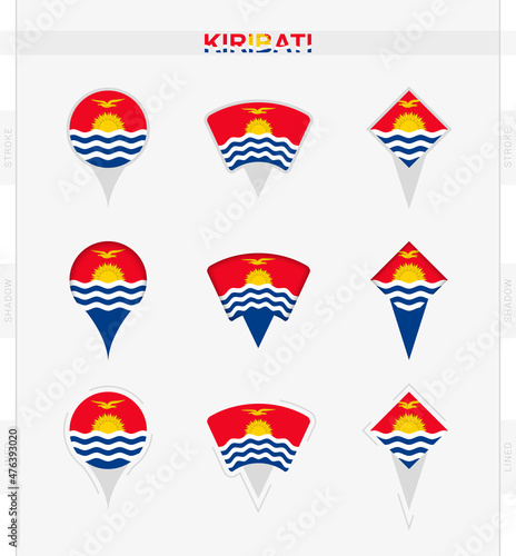 Kiribati flag, set of location pin icons of Kiribati flag.