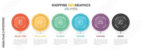 Concept of shopping process with 6 successive steps. Six colorful graphic elements. Timeline design for brochure, presentation, web site. Infographic design layout.