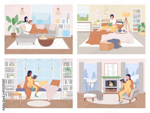 Reading at home flat color vector illustration set. Relaxing at home with book. Woman sitting on sofa with blanket. Resting indoors 2D cartoon characters with home interior on background collection