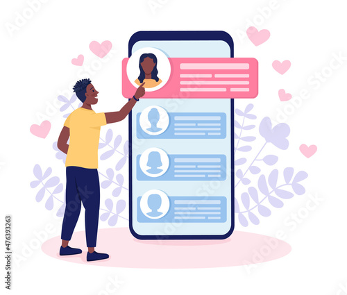Meeting girlfriend on dating app flat concept vector illustration. Guy scrolling through ladies accounts isolated 2D cartoon character on white for web design. Online dating application creative idea