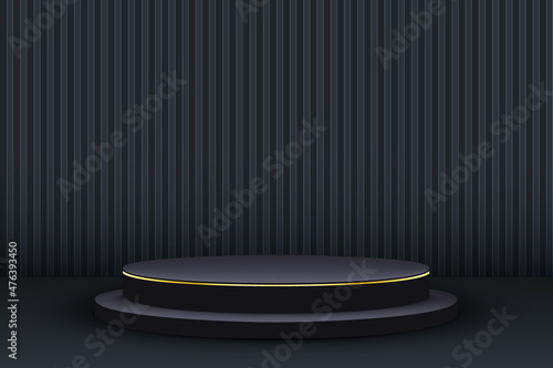 3d podium pedestal. Black geometric platform with gold glitter on a rectangular background. Luxurious stage for product demonstration, showcase, advertising display.