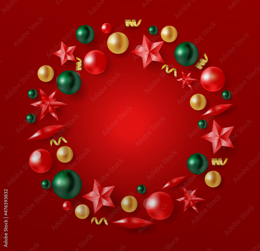 Christmas wreath with gold, red and green decoration elements: Xmas balls, stars, streamers, vector illustration. Happy New Year Christmas wreath with gold, red and green decoration elements: Xmas balls, stars, streamers, vector illustration. Happy New Year