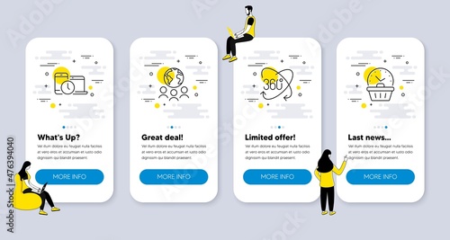 Vector Set of Business icons related to Global business, Time management and Full rotation icons. UI phone app screens with people. Last minute line symbols. Vector