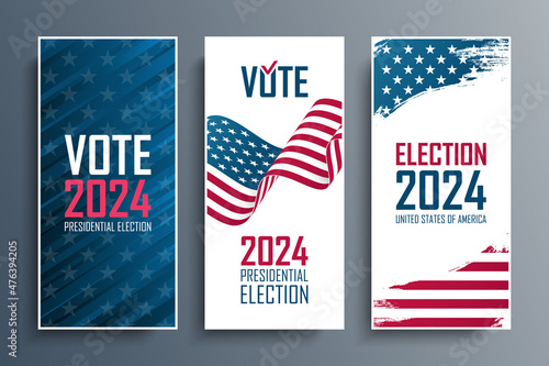 2024 United States Presidential Election Flyers Set. USA President Elections Vote templates collection. Vector Illustration.	 photo