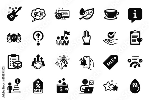 Vector Set of Business icons related to Espresso, Online voting and Fireworks icons. Stars, Three fingers and Electric guitar signs. Leaf dew, Swipe up and 5g internet. Patient history. Vector
