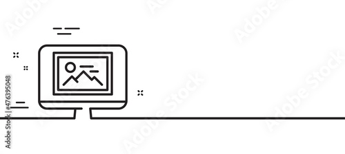 Photo thumbnail line icon. Monitor with Image sign. Picture placeholder symbol. Minimal line illustration background. Photo thumbnail line icon pattern banner. White web template concept. Vector