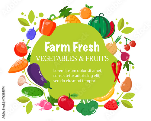Background for farm products. Fresh vegetables and fruits. Vector illustration.